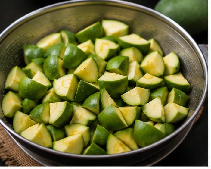 Raw green mangoes cut into chunks in a steel bowl