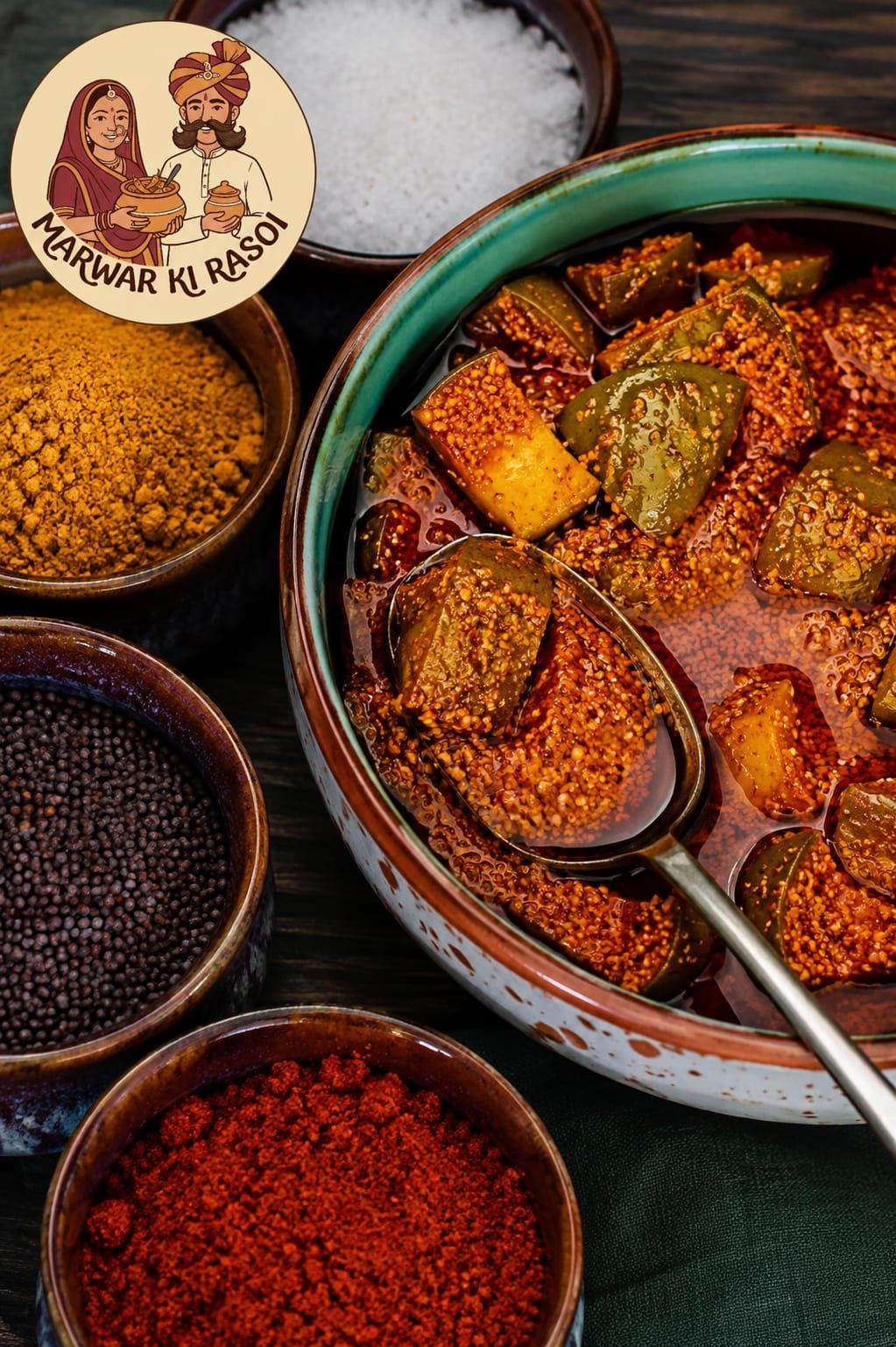 A bowl of Rajasthani pickle surrounded by turmeric, mustard seed, salt and red chilli