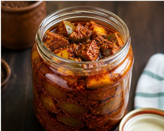 Finished pickle packed into a glass jar and covered with oil