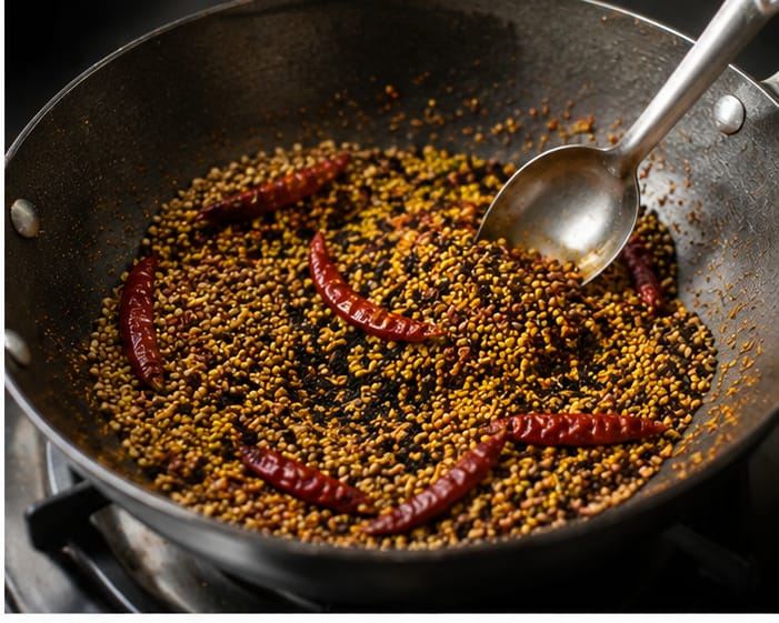 Mustard seed and dried red chillies roasting in an iron kadhai